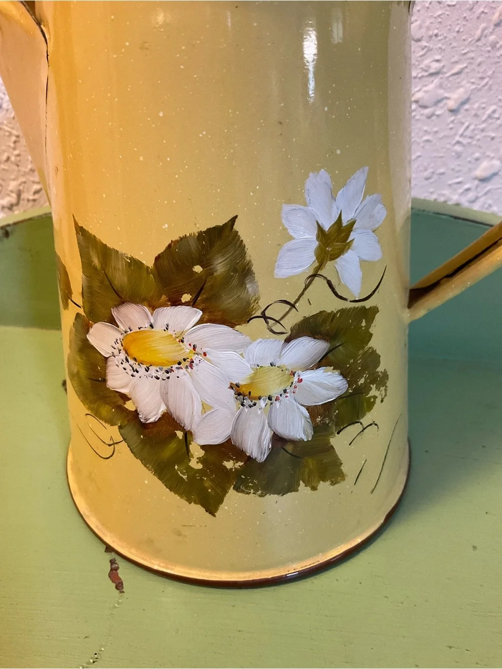 Antique Yellow White Enamelware Coffee Pot Flowers
